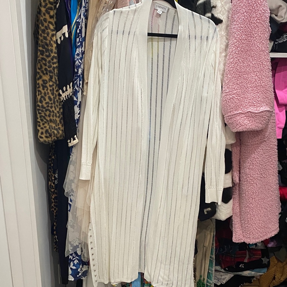 CAbi White and Black Striped Cardigan